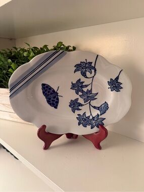 Creative Co-Op Blue & White Botanical Butterfly Oval Serving Platter 12”